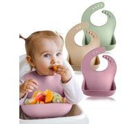 BebeCalin 3 Pack Baby Bibs 6-12 Months, BPA-Free Silicone, Soft & Adjustable Weaning Bib, Waterproof Easy to Clean Baby Feeding, Non-Messy with Large Food Catcher Pocket