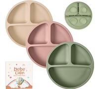 BebeCalin Baby Plates with Suction - 3 Pack Silicone Baby Suction Plates for Toddler Kids Self Feeding - Weaning Plates for High Chair Tray - Unbreakable, Portable, Non Slip (Nude+Pink+Green), BB001
