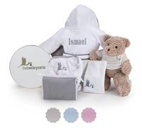 BebeDeParis | Baby Basket Newborn Embroidered Bathrobe Body Bag Muslin and Teddy Bear (Grey) | Baby Basket Hamper Personalised