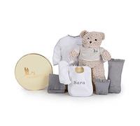 BebeDeParis | Unisex Personalised Baby Hamper Newborn Baby Girl Gift Set | New Baby Gifts | Gender Neutral Baby Gifts | Baby Presents | Unique Gifts for Baby | Embroidered Bib | Grey (Size 3/6 Months)