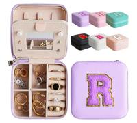 BeBeGee Letter Travel Jewelry Case with Mirror, Mini Portable Jewelry Travel Organizer, Small Jewelry Box for Bridesmaid Gift, Travel Essential to Store Ring, Necklace, Earring(Lavender-R)