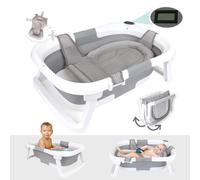 BEBELEH™ Collapsible Baby Bathtub with Thermometer - Bathtub + Baby tub Sling + Newborn Sling - Baby Bathtub Newborn to Toddler 0-24 Months - The Ultimate Baby Bath Tub! (with Thermometer,Gray)