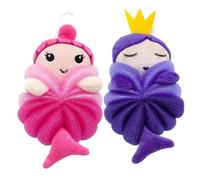 BEBEMOKO 2Pcs Bath Balls Portable Skin Scrubber Soft PE Material Cartoon Design for Gentle Body Cleaning and Bubble Creation Includes Pink Mermaid and Purple Crown Patterns