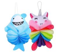 BEBEMOKO 2pcs Bath Shower Loofahs with Cartoon Shark Unicorn Soft Body Wash Scrubber Sponges for Gentle Exfoliating and Easy Hanging Storage Cute Shower Puff for Boys