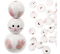 BEBEMOKO 30pcs Easter Wooden Beads DIY Craft Accessories with Bunny Ears, Rabbit Face, and Bunny Foot Prints, Natural Wood Loose Beads for Jewelry Making and Garland Decorations