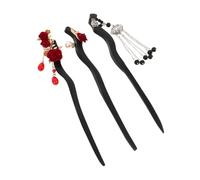BEBEMOKO 3pcs Wooden Rose Hair Sticks with Tassel Lock Charm Smooth Polished Floral Updo Chignon Pins Elegant Hanfu Hair Accessories for Women Traditional Hairstyles