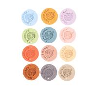 BEBEMOKO Clothes Embossed Labels for Handmade Yarn Projects and Sewing Crafts 45pcs Assorted Color Round Leather with Two Holes, Flexible and Easy to Use Tags Random Color