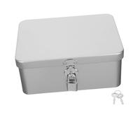 BEBEMOKO Small Metal Tin Storage Box with Lock and Hinged Lid Metal Storage Organizer Tins for Desktop Organization Silver Tinplate Container with Sleek Retro Industrial Design for Small