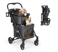 Beberoad Pets T1 Double Pet Stroller for 2 Small Dogs or Cats Lightweight Foldable Double Cat Stroller with Detachable Carrier (Black)