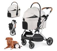 Beberoad Pets T6 Luxury Pet Stroller for Medium Dogs Up to 66lbs or 2 Small Pets - 3-in-1 Dog & Cat Stroller with Removable Carrier, Foldable & Lightweight (Beige)
