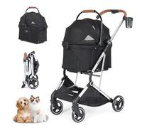 Beberoad T3 Pro 3-in-1 Pet Stroller Dog Pram for Small Medium Dogs Cats Under 44lbs, Foldable Pet Pram Dog Pushchair Detachable Carrier with Pad, Cup Holder, Frosted Frame and Upgraded Fabric, Black