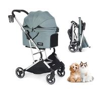 Beberoad T4 Pro Pet Stroller for Small Medium Dogs Cats, 4-Wheel Foldable Dog Pram with Pad & Cup Holder, Mesh Side Travel Stroller Buggy Trolley, Beige