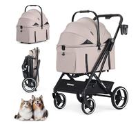 BEBEROAD X3 2 in 1 Pet Stroller for Medium or Two Small Dogs & Cats 4 Wheels Lightweight Foldable Carrier Dog Stroller with Waterproof Weather Cover Cup Holder,Storage Basket(Camel)