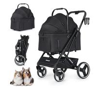 BEBEROAD X3 2 in 1 Pet Stroller for Medium or Two Small Dogs & Cats 4 Wheels Lightweight Foldable Carrier Dog Stroller with Waterproof Weather Cover Cup Holder,Storage Basket(Black)