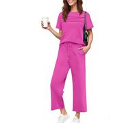 bebfeoa Airport Outfit Women Summer Casual 2 Piece Co Ord Set Short Sleeve Striped Top & Drawstring Wide Leg Pants with Pockets Cozy Travel Loungewear 2026