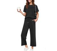 bebfeoa Airport Outfit Women Summer Casual 2 Piece Co Ord Set Short Sleeve Striped Top & Drawstring Wide Leg Pants with Pockets Cozy Travel Loungewear 2026
