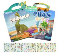 BEBOAN 2 Sets Reusable Dinosaurs & Vehicles Puffy Sticker Books for Toddlers 2-8 Years, Multicolor Cartoon Sticker Books with 10 Sheets