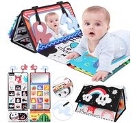 BEBOAN Baby Tummy Time Mirror Toy, High Contrast Baby Mirror Sensory Toys with Teether & Crinkle Cloth Book, Flip Mirror Foldable Montessori Toys for 0-18 Month Newborn Boys Girls