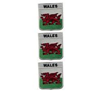 BeBuz National Countries Shield Flag with Name Iron On Patch - Set of 3 Embroidered Sew On Applique Badges, 6cm x 7cm (Wales)
