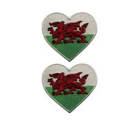 BeBuz National Country Heart Flag Patch Set of 2 (6.5cm x 7cm) - Iron On Sew On Embroidered Applique Badge - for Jacket, Backpack, Jeans and DIY Clothing (Wales)