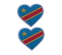 BeBuz National Country Heart Flag Patch Set of 2 (6.5cm x 7cm) - Iron On Sew On Embroidered Applique Badge - for Jacket, Backpack, Jeans and DIY Clothing (Democratic Republic)