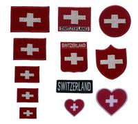 BeBuz Switzerland Flag Embroidered Patches, Iron-On/Sew-On Applique, Shield, Round, Heart and Rectangle Flag Badges for Jackets, Bags, Uniforms, Various Sizes (Flag with Name)