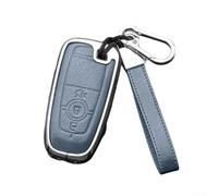 Bebykilemi Leather Car Key Case 3 Button Zinc Alloy Key Cover Compatible with Focus 4, Explorer, Fusion, For Ranger, F150, F250, F350, Ecosport Remote(Blue+silver