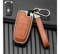Bebykilemi Leather Car Key Case 3 Button Zinc Alloy Key Cover Compatible with Focus 4, Explorer, Fusion, For Ranger, F150, F250, F350, Ecosport Remote(Brown+grey