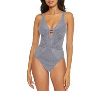 Becca Color Play One Piece Swimsuit, Plunge Neck, Crochet, Bathing Suits for Women, Blu Shadow, Medium