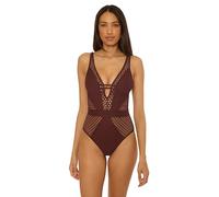Becca Color Play One Piece Swimsuit, Plunge Neck, Crochet, Bathing Suits for Women, Brown, Large
