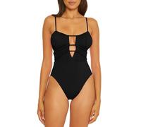 BECCA Women's Color Code Shirred One Piece Swimsuit, Plunge Neck, Bathing Suits, Black, Large