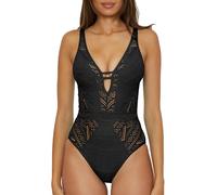 BECCA Women's Color Play One Piece Swimsuit, Plunge Neck, Crochet, Bathing Suits, Black (B), XS