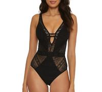 BECCA Women's Color Play One Piece Swimsuit, Plunge Neck, Crochet, Bathing Suits, Black (D), Large