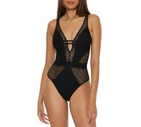 BECCA Women's Color Play One Piece Swimsuit, Plunge Neck, Crochet, Bathing Suits, Black, Medium