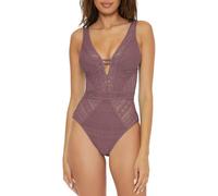 BECCA Women's Color Play One Piece Swimsuit, Plunge Neck, Crochet, Bathing Suits, Fig, Large