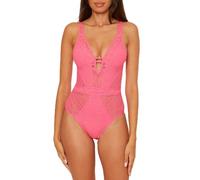 BECCA Women's Color Play One Piece Swimsuit, Plunge Neck, Crochet, Bathing Suits, Punch, S