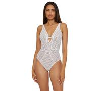 BECCA Women's Color Play One Piece Swimsuit, Plunge Neck, Crochet, Bathing Suits, White Tan, Large