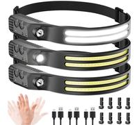 Beccason 3PCS LED Headlamp Rechargeable - 230° COB Super Bright Head Lights for Forehead, Hard hat Light for Adults, USB C Headband Flashlight for Work, Hiking, Running, Camping Essentials Gear