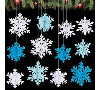 Becellen 12 Pcs 3D Christmas Snowflakes, Xmas Hanging Snowflakes Ornament with String Paper Snowflake Decorations Xmas Tree Decoration for Winter Christmas Home Party Accessories