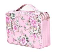 Becho Multifunction Zipper Soft Leather Pencil Case with Multi-Layer Zipper Separation High Capacity Holder Pouch Pen Bag Colored Flower Pencil Pen Box 200 Slots (Pink)
