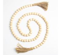 Becho Wooden Bead Garland with Tassels 57" Rustic Boho Wall Hanging Decor | Natural wood beads,hand-strung,jute tassels.145cm for prayer,meditation,wall,shelf,mirror or vase styling.Gift idea.
