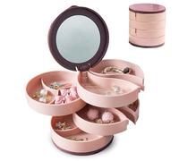 Beciway Rotating Jewelry Organizer Box with Mirror - Large Capacity Multi-Layer Storage, 360° Rotation, Protective Cover, Compact with Non-Slip Base (Pink)