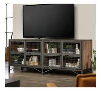 beckley wooden tv stand with 4 doors in black and vintage oak
