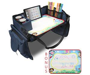 Becko US Fondear Children's Travel Toy Tray Kids' Car Seat Snack, Game Tray Activity Table for Stroller, Car, Airplane, Road Trip with Doodle Mat, Foldaway & Portable