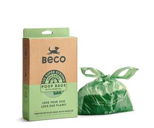 Beco Dog Poo Bags, 94% Recycled Plastic, Unscented Tie Handles, 120 Bags | Extra-thick, 33x18cm, leakproof loose packed dog poop bags; long handles for easy tying, tissue-box style dispenser