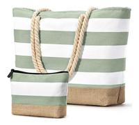 Becokan Beach Bag Initial Beach Tote with Makeup Bag for Travel Work Storage Personalized Birthday Gifts for Women Her, Light Green, L