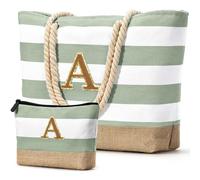 Becokan Beach Bag Initial Beach Tote with Makeup Bag for Travel Work Storage Personalized Birthday Gifts for Women Her, Light Green, 20.47 x 6.5 x 14.57 inches