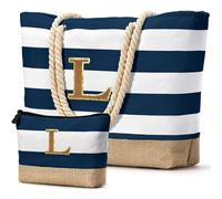 Becokan Beach Bag Initial Beach Tote with Makeup Bag for Travel, Work, Storage Personalized Birthday Gifts for Women Her, Dark Blue 2 Pcs, L