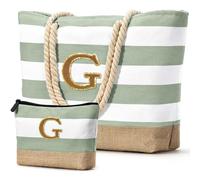 Becokan Initial Beach Bag with Makeup Bag Waterproof Beach Tote Bags Travel Essentials Personalized Gifts for Women Her, Light Green, L