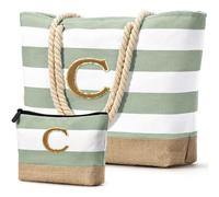 Becokan Initial Beach Bag with Makeup Bag Waterproof Beach Tote Bags Travel Essentials Personalized Gifts for Women Her, Light Green, L